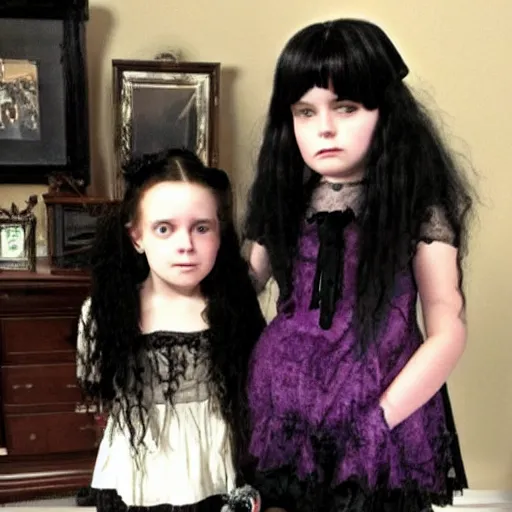 Prompt: 7-year-old goth girl, creepy girl in living room