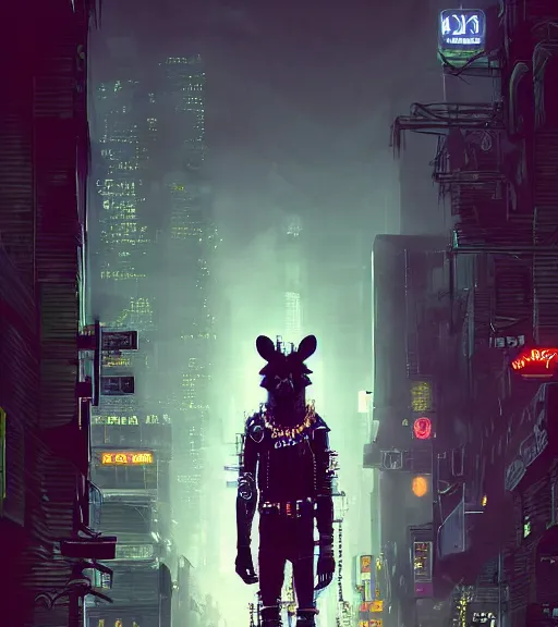 Image similar to new york city portrait of bad boy furry anthro anthropomorphic spotted hyena head animal person fursona wearing clothes strange cybernetic muzzle gloomy rainy screenshot from the video game cyberpunk 2077 digital art by Greg Rutkowski, Simon Stalenhag, christopher nolan trending on Artstation, CGSociety