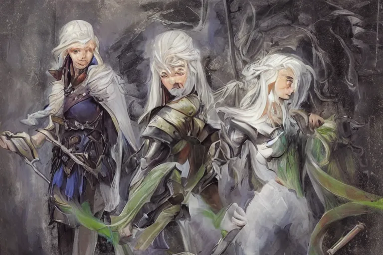 Image similar to dungeons and dragons fantasy painting of elven soldiers, white hair, determined expressions, anime inspired