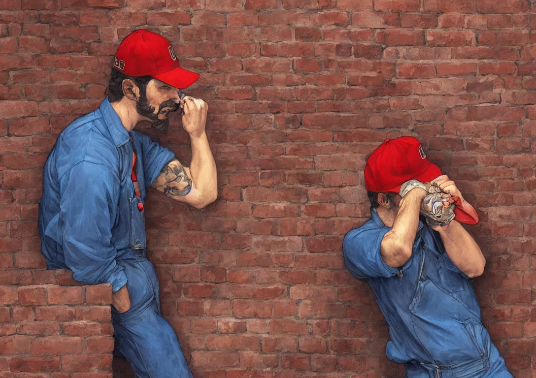 Image similar to italian man in blue overalls and red shirt with a red baseball cap and a big brown mustache hiding behind a brick wall, dark mood, highly detailed, digital painting, artstation, illustration, art by artgerm and greg rutkowski and alphonse mucha