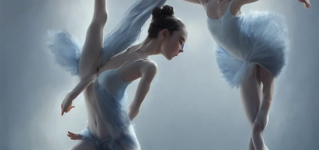 Prompt: ballet dancer, soft grey and blue natural light, intricate, digital painting, artstation, concept art, smooth, sharp focus, illustration, art by greg rutkowski and luis rollo and uang guangjian and gil elvgren, symmetry!