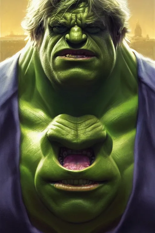 Image similar to Boris Johnson as Hulk, visible face, realistic portrait, gold and blue, highly detailed, digital painting, artstation, concept art, smooth, sharp focus, illustration, cinematic lighting, art by artgerm and greg rutkowski and alphonse mucha