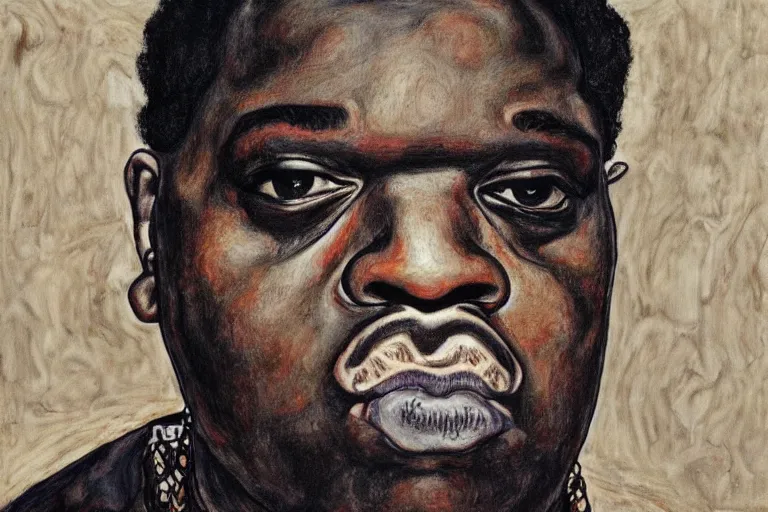 Image similar to a mug shot style portrait of biggie smalls by egon schiele, masterpiece, hyperdetailed, complex, intricate, 4 k, trending on artstation