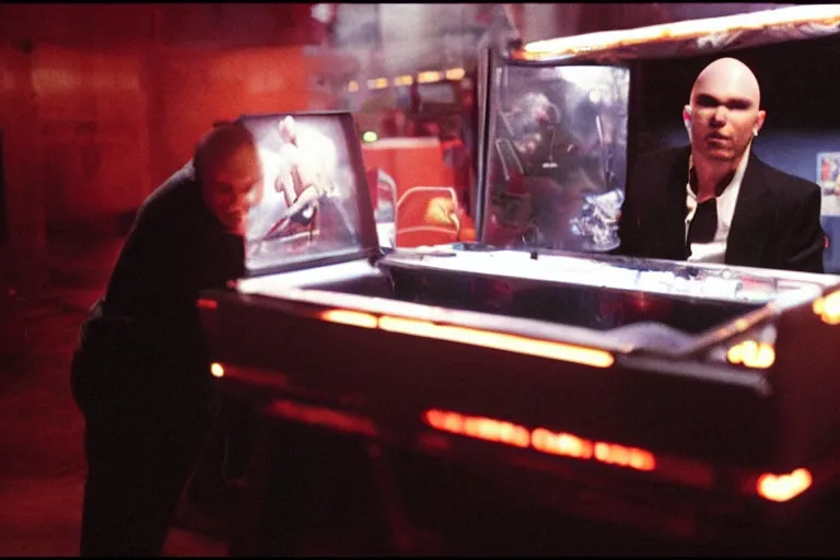 Prompt: pitbull playing a pitbull themed pinball machine in 1 9 8 5, y 2 k cybercore, industrial low - light photography, still from a kiyoshi kurosawa movie