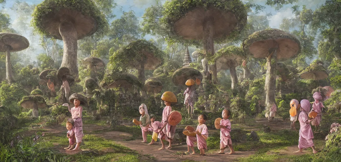 Prompt: botanical illustration of a few diverse children playing around an indonesian candi temple under a single giant mushroom, pastel hues, janne laine, outi heiskanen, gentle morning light