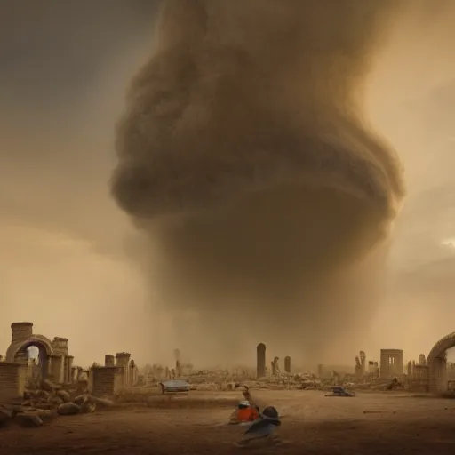Image similar to Giant smoke monster coming out of the ground, thick swirling smoke, mist, air particles, sandstorm, dramatic lighting, Byzantine ruins, surrounded by priests, worshipers, desert, cinematic, trending on artstation
