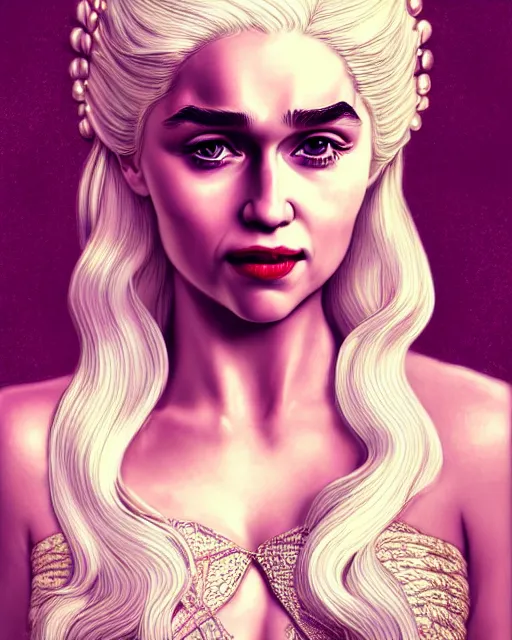 Image similar to closeup portrait happy beautiful daenerys targaryen with long blonde windblown hair in an ornate royal dress, standing on a street in chinatown, pink lipstick, glamour pose, detailed illustration, digital art, trending on artstation, arney freytag, frank miller, moebius, graffiti, gta v,