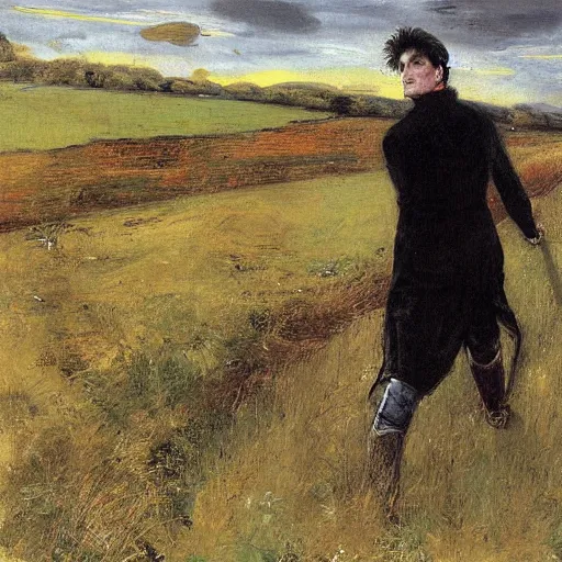 Prompt: a painting by john everett millais and frank bernard dicksee, herman brood walking in a field with his guitarist his back. - w 1 0 2 4