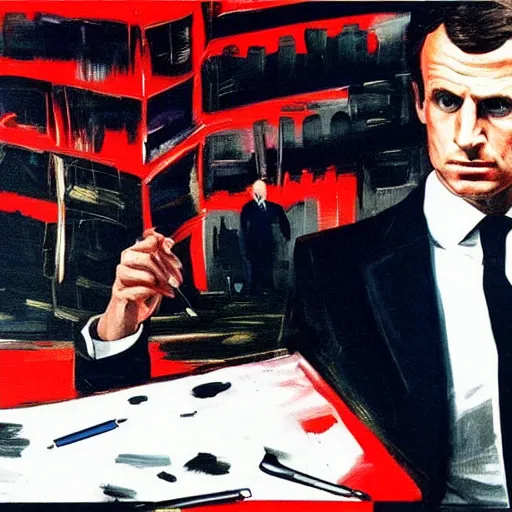 Image similar to Emmanuel Macron painting Paris in American Psycho (1999)