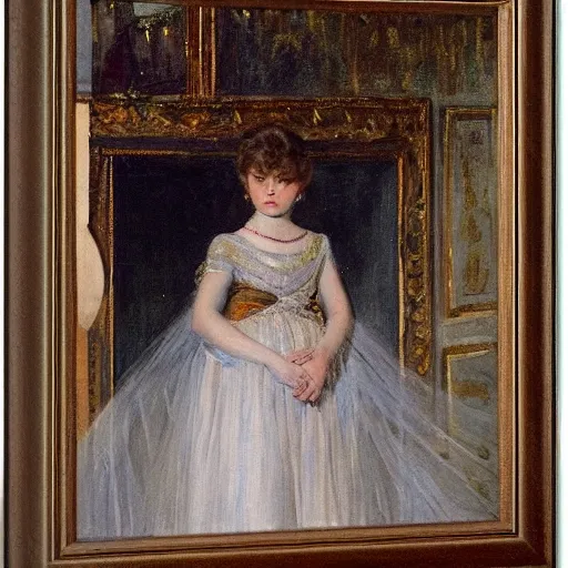 Image similar to young actress looking through the curtain in the theatre by alfred stevens