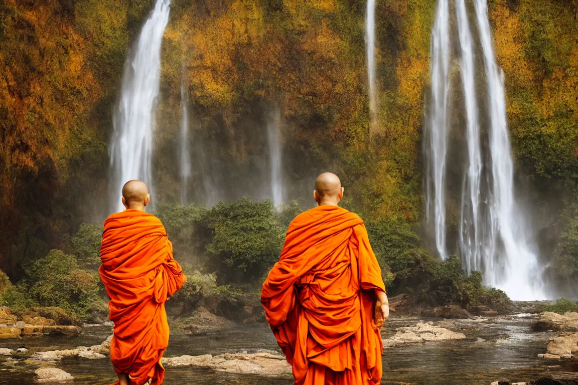 Image similar to dang ngo, annie leibovitz, steve mccurry, a simply breathtaking shot of mediating monk in orange, giantic waterfall, sunshine, golden ratio, wide shot, symmetrical