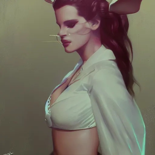 Image similar to detailed photo of lana del rey wearing a playboy bunny outfit, 8 k, by greg rutkowski, artgerm, global illumination