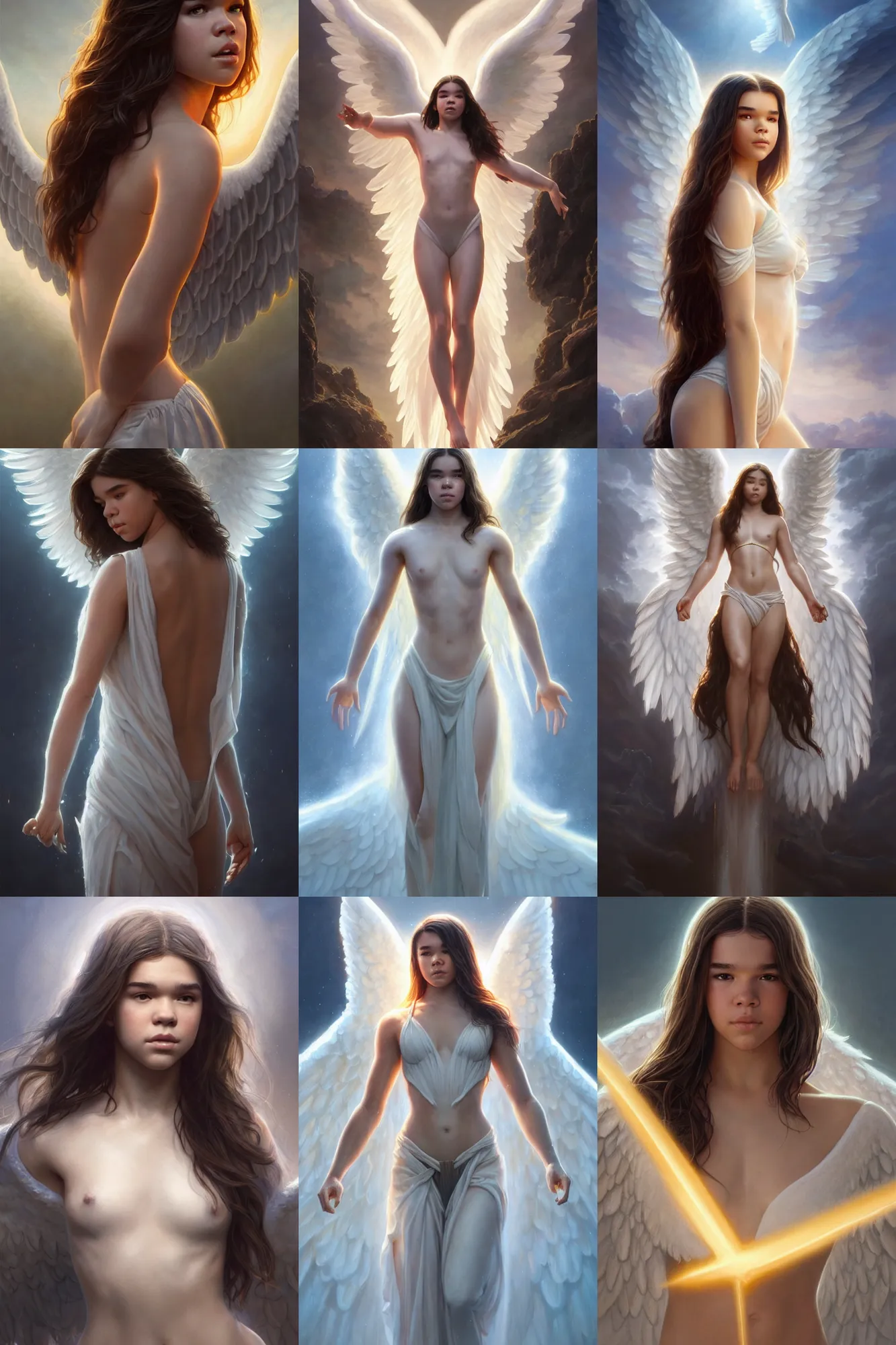 Prompt: hailee steinfeld as a heavenly angel, anatomy, bathing in light, highly detailed, photorealistic, artstation, smooth, sharp focus, illustration, unreal engine 5, 8 k, art by artgerm and greg rutkowski and edgar maxence