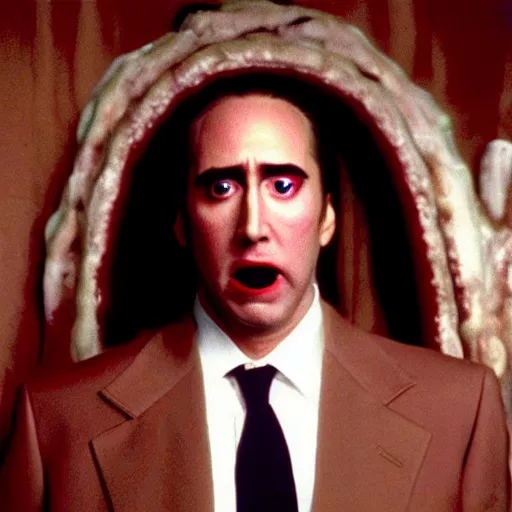 Prompt: frightening, creepy, scary, horrifying nicholas cage in twin peaks, scene from episode directed by david lynch and mark frost, 8 k, 1 9 9 0