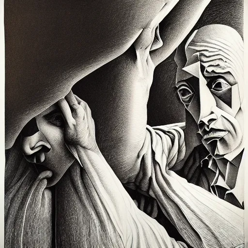 Image similar to lithography on paper conceptual figurative ( post - morden ) monumental dynamic portrait drawn by escher and hogarth and francis bacon, inspired by goya, illusion surreal art, highly conceptual figurative art, intricate detailed illustration, controversial poster art, polish poster art, geometrical drawings, no blur