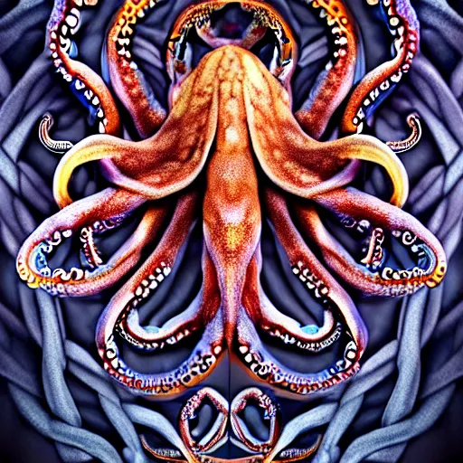 Prompt: a dramatic and beautiful digital matte painting of large realistic octopus with legs made of fractal celtic knots, trending on cgartist, hi-fructose, mandala, string wall art, ultra detailed 8k