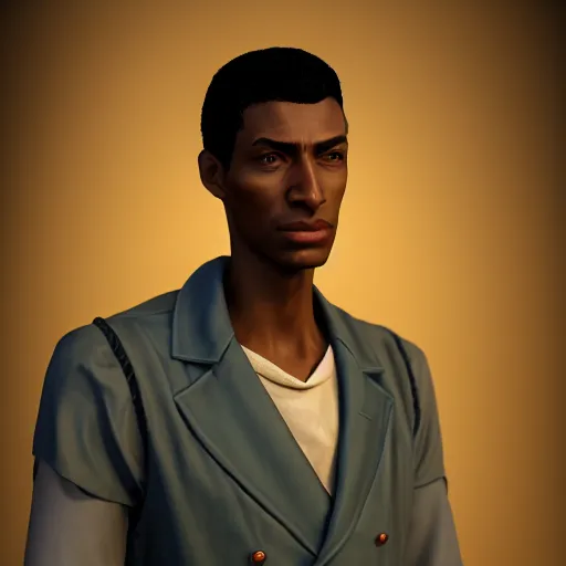 Image similar to A Crusader Kings II portrait of an African American young man with high cheekbones. Good bone structure. Dressed in 1940s style. Highly detailed, fine Art, high detail, great lighting, 8k resolution, masterpiece, concept art, illustration, clear eyes, painting oil on canvas, octane render, HDR, trending on artstation, 4k, 8k, HD