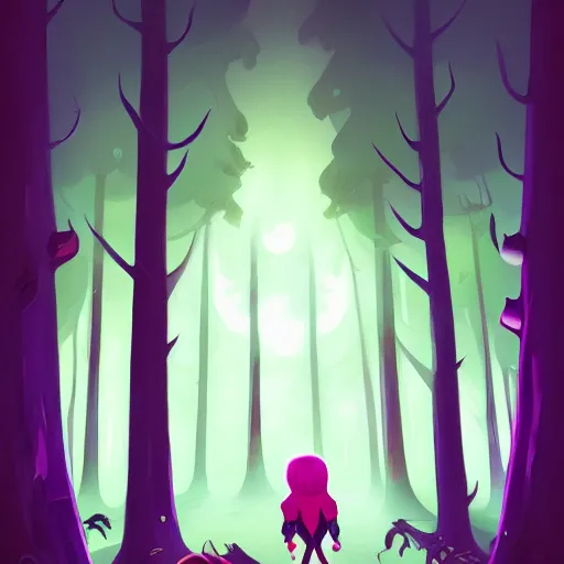 Prompt: portail, kid lost in a dark forest surrounded by monsters, lois van baarle