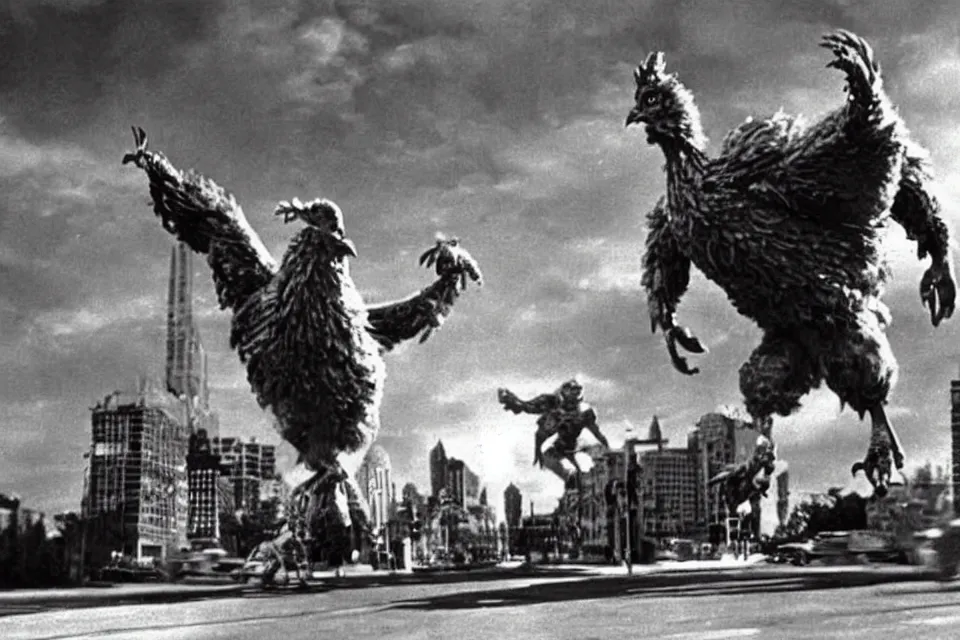 Image similar to still image taken from sci fi horror movie of a giant chicken and monster attacking a city. low camera angle. 1 9 6 0.