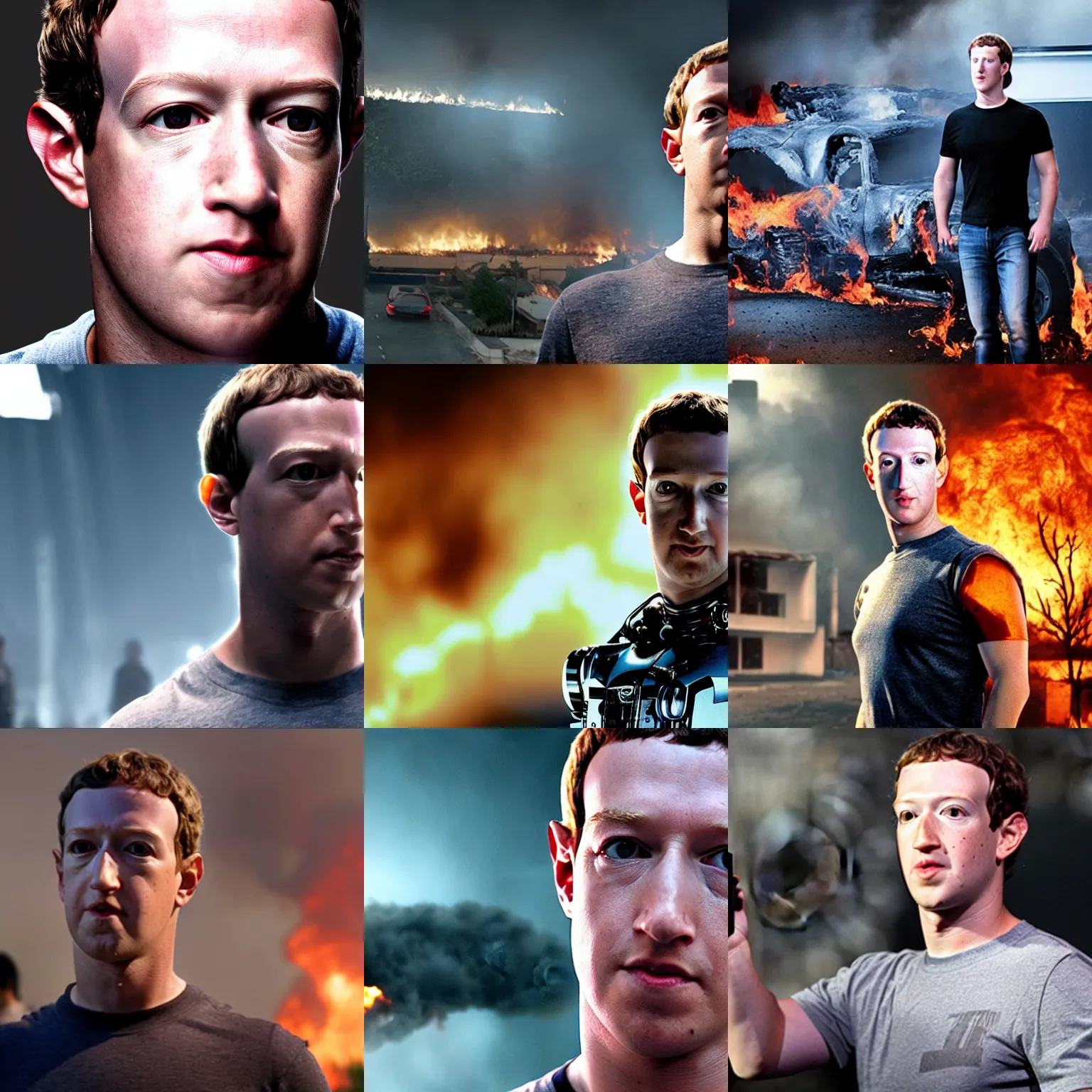 Prompt: <picture quality=4k-ultra-hd mode='attention grabbing'>terminator mark zuckerberg cyborg looks into the camera knowingly as a house burns behind it - inspired by Disaster Girl</picture>