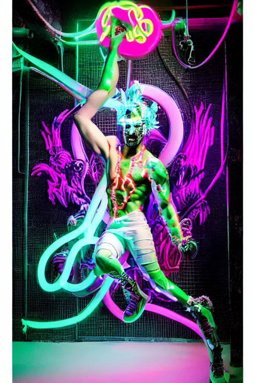 Image similar to full-body rococo and cyberpunk style neon statue of a muscular attractive Sean Mendez wearing cholo shades macho dotado e rico android sim roupa reclining con las piernas abertas e la piroca dura, ethereal white dripping tar, glowing orange lasers, pink tigers, glowing eyes, silver prince crown, black gears, pink diamonds, swirling mint-colored silk fabric. futuristic elements. full-length view. human skulls. large intricate artwork by caravaggio. Trending on artstation, octane render, cinematic lighting from the right, hyper realism, octane render, 8k, depth of field, 3D