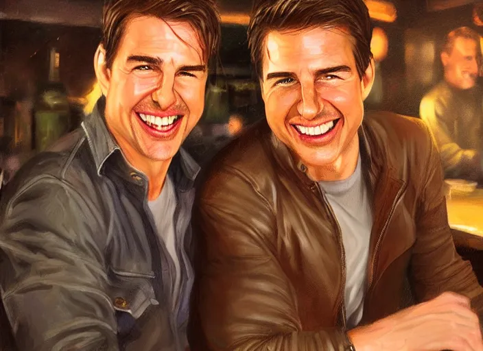 Image similar to hyper realistic tom cruise hanging out with tom cruise at a bar, all overly excited, jaw unhinged with laughter and smiling, all teeth, by greg rutkowski, artgerm, loish, pixar, 4 k, 8 k, masterpiece