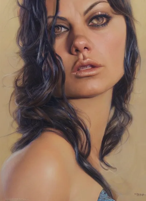 Prompt: portrait of Mila Kunis as a heroine staring into the camera, artstation, intricate, elegant, highly detailed, art by Donato Giancola, Joseph Christian Leyendecker, WLOP, Boris Vallejo, Artgerm