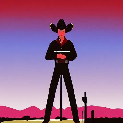 Image similar to digital illustration cowboy on the range, beautiful New Mexico landscape, Art Deco, dark deco, animated series, by Eric Radomski