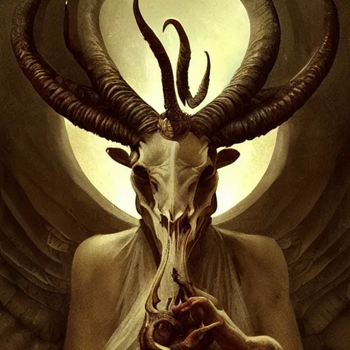 Image similar to baphomet with goat horns holding an animal skull, style of da vinci, horror, fantasy illustration, by greg rutkowski