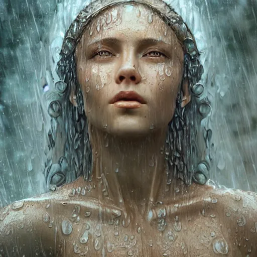 Image similar to photo realistic image of a goddess of rain, made of water, wet, stunning 3 d render inspired art by istvan sandorfi and greg rutkowski, perfect facial symmetry, realistic, highly detailed attributes and atmosphere, dim volumetric cinematic lighting,