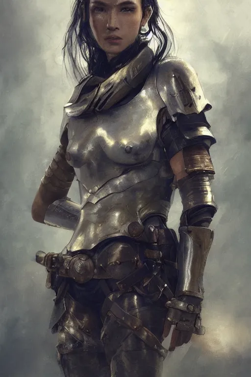 Prompt: a photorealistic painting of an attractive young girl, partially clothed in battle armor, olive skin, long dark hair, beautiful bone structure, symmetrical facial features, perfect eyes, intricate, elegant, digital painting, concept art, illustration, sharp focus, minimal artifacts, from Metal Gear, in the style of Ruan Jia and Mandy Jurgens, by Greg Rutkowski, trending on Artstation, award winning
