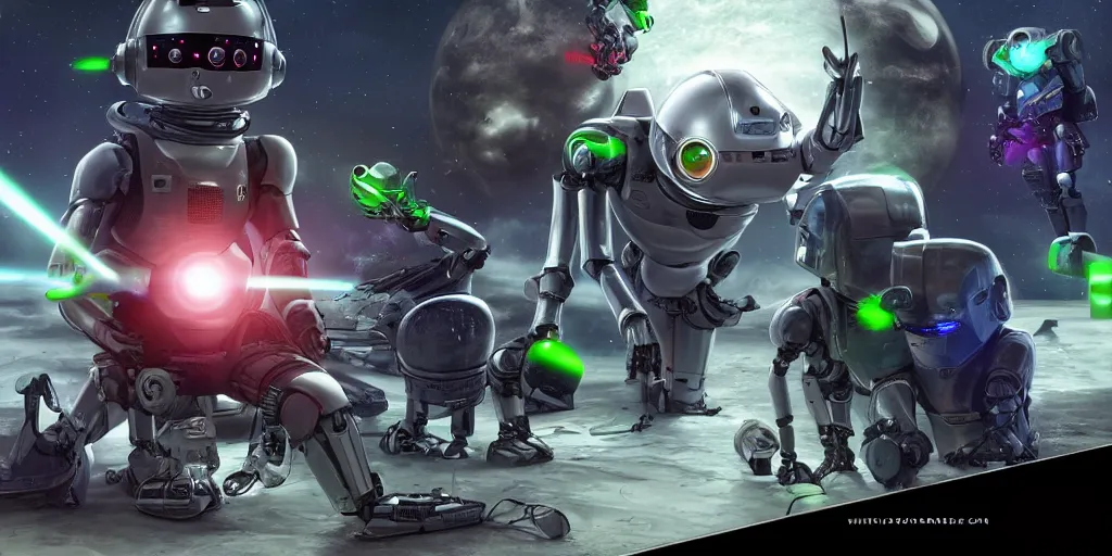 Prompt: futuristic robot babies with rgb ambient lighting eye implants. the robots wears spacesuits, and explores the cosmos on rocket space jet skis. science fiction blockbuster movie teen nebulous or my robot ate my homework, dramatic lighting, style of mandalorian, rougue one, shrek