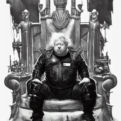 Prompt: boris johnson as baron harkonnen wearing a leather spacesuit and sitting on a throne flanked by dark priestesses, by normal rockwell and greg staples and craig mullins, science fiction character concept art, artstation - H 832