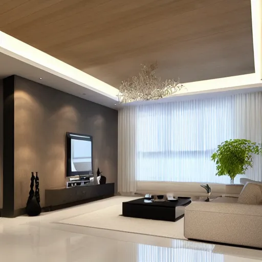 Prompt: photorealistic contemporary living room minimalist furnitrue big ceiling