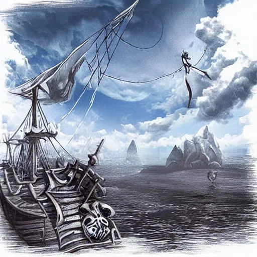 Prompt: pirate ship fly high sky nekclace clothing fashoin village pretty place landscape concept art City fantasy artwork