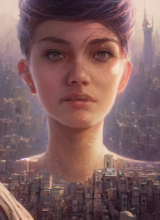 Prompt: highly detailed portrait of a female face made of cityscapes, stephen bliss, unreal engine, fantasy art by greg rutkowski, loish, rhads, ferdinand knab, makoto shinkai and lois van baarle, ilya kuvshinov, rossdraws, tom bagshaw, global illumination, radiant light, detailed and intricate environment