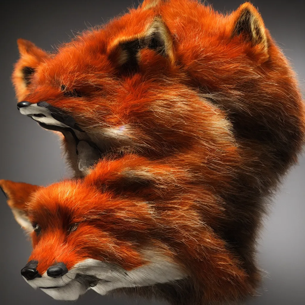 Prompt: a red fox head made of glass, dynamic lighting, museum