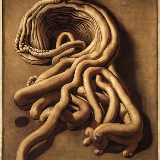 Prompt: by grant wood, by valentin de boulogne midday, dramatic lighting ultradetailed, insane. a installation art of the human intestine in all its glory. each section of the intestine is labelled, & various items & creatures can be seen inside, such as bacteria, food particles, & even a little mouse.