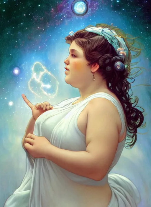 Image similar to a chubby woman with pointed ears, wearing a white sundress, and a swirling sparkling cloud galaxy nebula for hair, realistic painting by ross tran and gerald brom and alphonse mucha, artgerm, trending on artstation