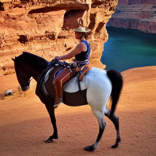 Prompt: horse spirit with lucky on his back riding next to a canyon riding into the sunset