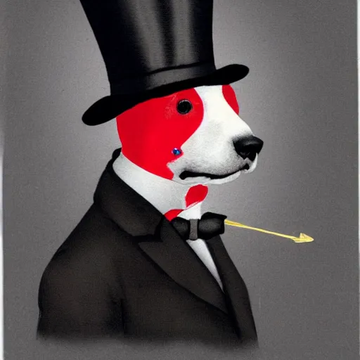 Image similar to portrait of a dog wearing a suit and a top hat and a monocle on one eye, hand drawing, red and black colors