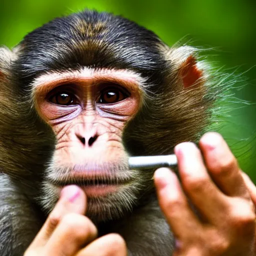 Image similar to a national geographic award winning photograph of a monkey smoking a joint