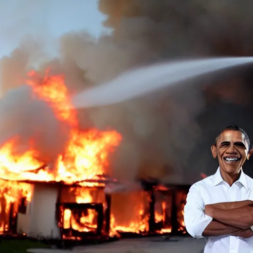 Prompt: a photo of a house burning down while surrounded by emergency vehicles in the background and barack obama with an eerie smile in the foreground, strong depth of field