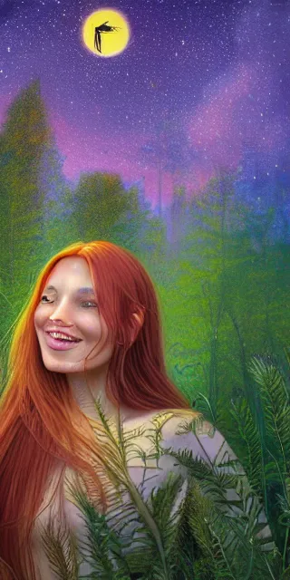 Image similar to infp young woman, smiling amazed, golden fireflies lights, sitting in the midst of nature fully covered, long loose red hair, intricate linework, bright accurate green eyes, small nose with freckles, oval shape face, realistic, expressive emotions, dramatic lights magical scene, hyper realistic ultrafine art by michael cheval, jessica rossier, boris vallejo