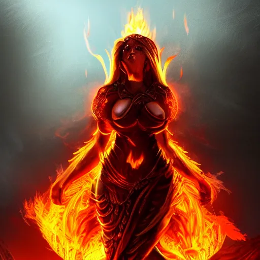 Image similar to fire goddess, skin of flames, body made of fire, wearing armor, rampaging, stormy background, forest fire, breathing fire, fire in hand, concept art, tiny person watching, artstation, 4k