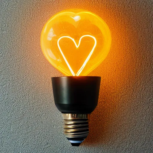 Prompt: an edison bulb glowing with a heart-shaped filament on a black background, minimalist, ephemeral, detailed, elegant, stock photo, Sony a7R, trending on artstation, desktop background