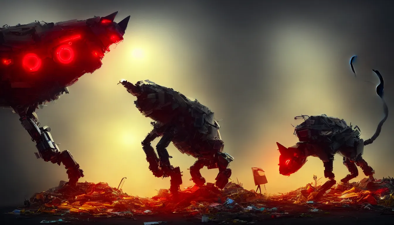 Image similar to ai limbo, gigantic robotic cat with red eyes walks in a trash heap in yellow mist, digital art, trending on artstation, 8k, highly detailed,