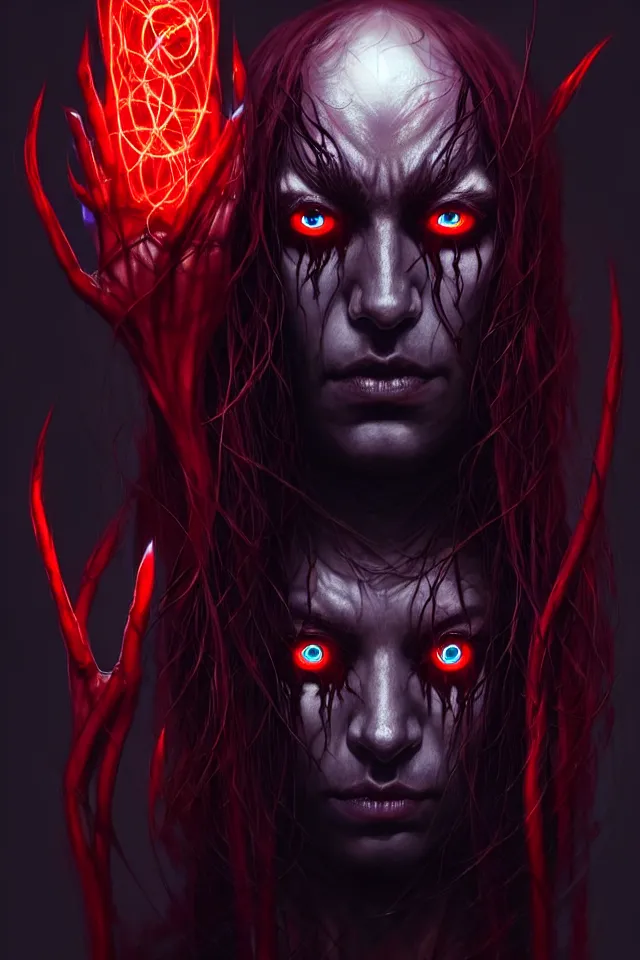 Image similar to a striking portrait of a pitch black eldritch shaman with sinister red eyes by moebius and ross tran and artgerm, trending on artstation, digital art, 4 k resolution, detailed, high quality, sharp focus, hq artwork, insane detail, volumetric lighting, character concept art, fine details