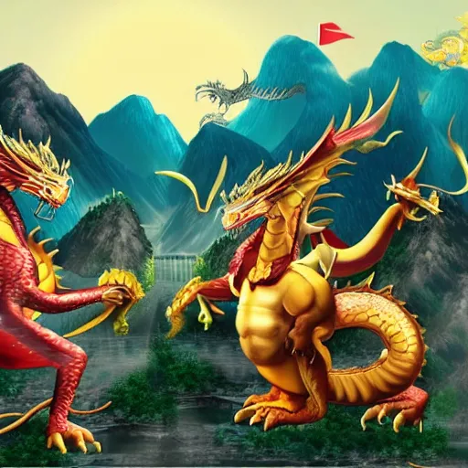 Prompt: Chinese president, battle against dragon, bananas weapon, mountains background, fighting stance, painting