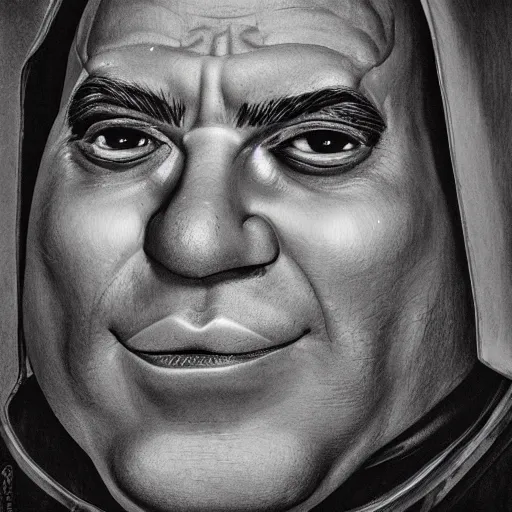 Image similar to The duke Shrek, Face portrait, 84mm, postprocessed, crisp face, EOS 5DS R, facial features artwork by Georges de La Tour